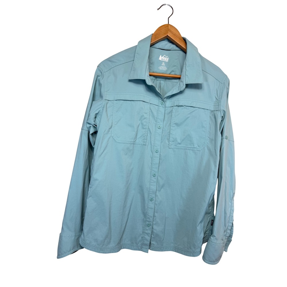 REI Co-op Sahara Long Sleeve Hiking Shirt Womens XL Blue Aqua Vented Roll Tab